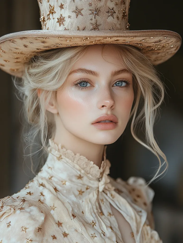 A young woman with long, flowing blonde hair wears a wide-brimmed hat adorned with gold stars. The hat's brim casts a shadow over her delicate features, emphasizing her piercing blue eyes and full lips. Her ethereal beauty is accentuated by a pale white dress, also patterned with gold stars, creating a harmonious and enchanting image.  The background is a soft blur, focusing the attention on the woman's captivating presence.