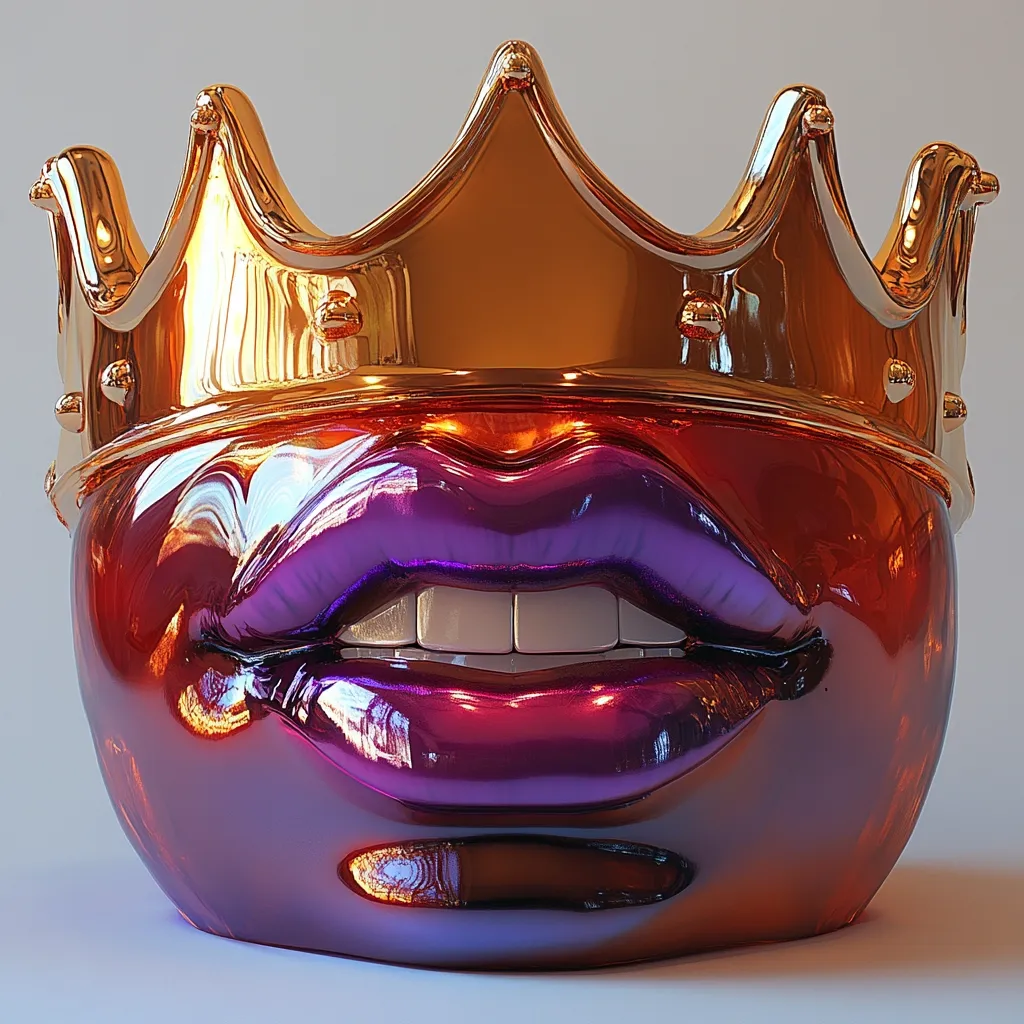 The image is a close-up of a sculpture depicting a pair of large, glossy, purple lips with a row of white teeth. The lips are slightly parted, as if in a silent scream. The sculpture is crowned with a golden, ornate crown. The sculpture is shiny and reflective, and the colors are vibrant. The image evokes a sense of power and beauty.