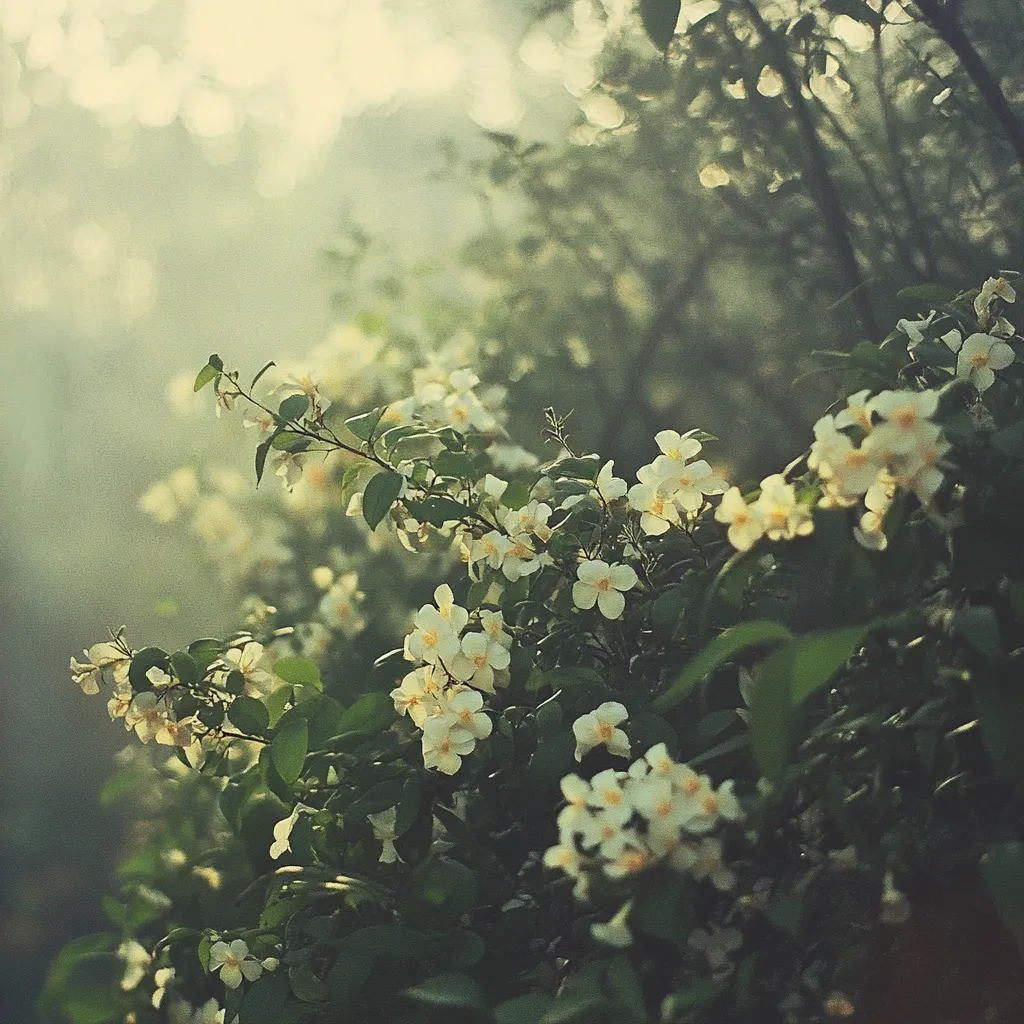 A soft, ethereal image of a white flowering bush bathed in a gentle morning light. The delicate petals shimmer in the sunlight, while the leaves are blurred, creating a dreamy and romantic atmosphere. The muted tones of the image create a sense of peace and tranquility.