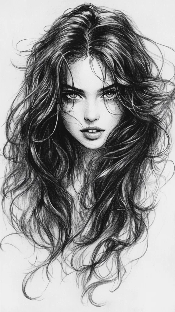 A black and white pencil drawing of a woman with long, flowing hair. Her eyes are large and expressive, and her lips are slightly parted. The drawing captures a sense of beauty and mystery. The artist has used shading and detail to create a realistic representation of the woman's features. The hair is drawn with careful attention to detail, capturing the texture and movement of each strand.  The image is drawn on a white background.