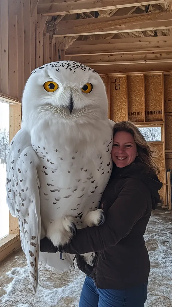A woman is holding a large snowy owl in her arms. The owl is white with black markings and has bright yellow eyes. The woman is smiling and looks happy to be holding the owl. The background is a wooden structure, possibly a barn or a workshop. The owl is looking at the camera with an intense gaze.  The woman is wearing a black jacket and blue jeans.  The photo is taken in a well-lit environment with warm, natural light.