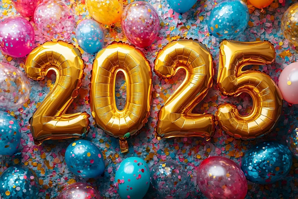 The image shows the year 2025 spelled out in large golden balloons, surrounded by a colorful confetti and a variety of balloons in various colors including pink, blue, and yellow. The balloons are all deflated, giving a festive yet whimsical look.  The image suggests a celebratory atmosphere.