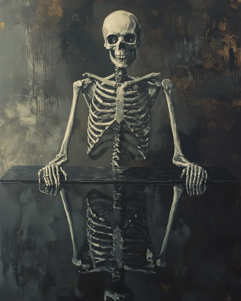 A skeletal figure with a slight smile is depicted leaning over a dark, reflective surface. The skeletal figure's reflection is visible in the surface, creating a mirrored image. The background is a dark, textured canvas, suggesting a sense of age and mystery. The painting evokes a sense of morbidity and the passage of time.  The image is painted in a realistic style, capturing the intricate details of the skeleton's bones and the reflection's distorted form.