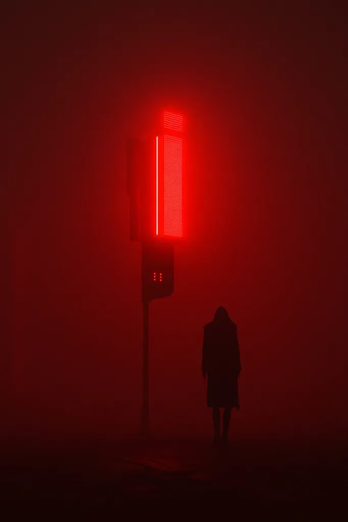 A lone figure walks in a red-tinged fog, illuminated only by the glow of a tall, rectangular light. The figure is dressed in a long coat and appears to be walking away from the light source. The atmosphere is ominous and slightly unsettling. The scene is bathed in a deep red hue, creating a feeling of mystery and isolation.