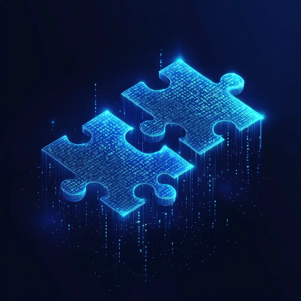 Two glowing blue puzzle pieces, made of digital code, fit together perfectly in a dark blue background. The pieces are surrounded by streaks of light resembling digital data. This image evokes a sense of technology, connectivity, and problem-solving.