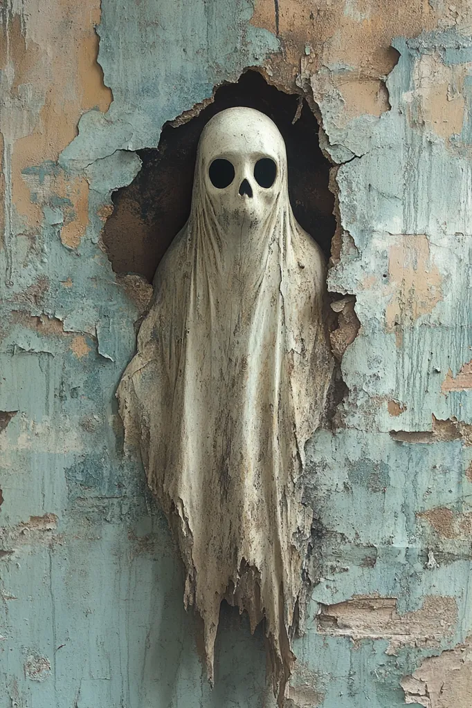 A weathered, cracked wall reveals a ghostly figure peeking through a hole. The figure is draped in a tattered, white cloth, its face obscured by a skull-like mask with dark, hollow eyes. The image evokes a sense of eerie mystery and decay.
