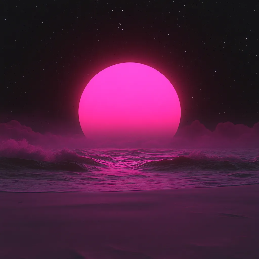 The image depicts a vibrant pink sunset over a calm ocean, with a few small waves gently lapping at the shore. The sky is dark with scattered stars, and a hazy atmosphere adds to the dreamy quality of the scene. The bright pink light of the setting sun casts a warm glow across the water and beach, creating a sense of serenity and tranquility.