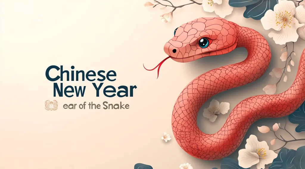 A red snake with a blue eye is curled on a background of white flowers and green leaves. The text \
