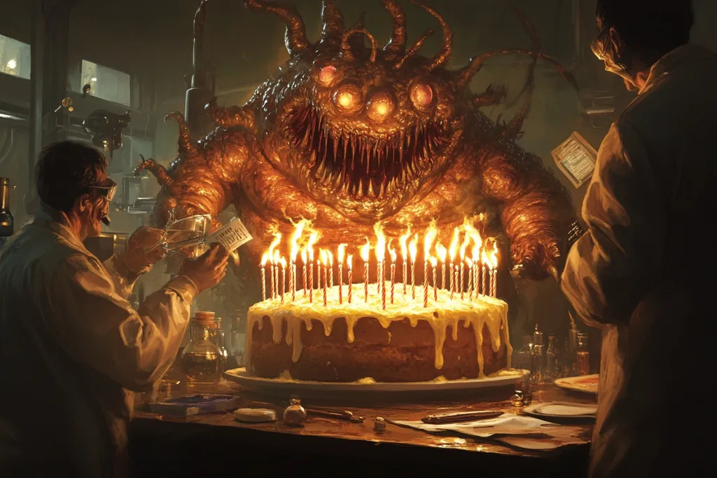 A grotesque, orange-skinned creature with three eyes and a gaping maw stands in a dimly lit room, a large birthday cake with lit candles before it. Two men in white lab coats, one holding a piece of paper, stand to either side of the creature, seemingly unconcerned. The scene appears to be a dark and surreal celebration.