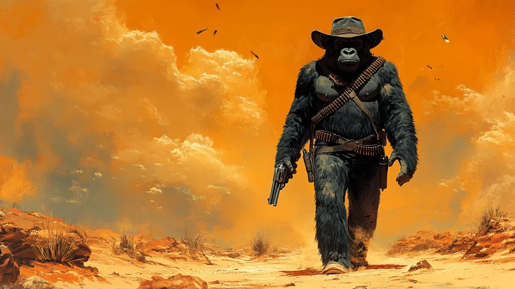 A large, hairy ape wearing a cowboy hat and carrying a gun walks across a desolate, sandy landscape. The sky is a bright orange with fluffy white clouds. The ape's expression is stern and determined, suggesting a dangerous and powerful individual. The scene evokes a sense of the Wild West, with its rugged terrain and lone, armed figure.  The image is visually striking and evocative, leaving the viewer to imagine the ape's story and purpose.