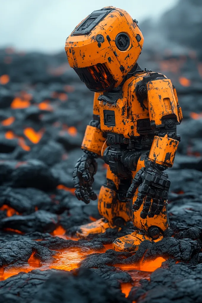 A small, orange robot with a black helmet stands on a field of cooled lava, its legs partially submerged in a glowing pool of molten rock. The robot's body is worn and weathered, suggesting it has endured harsh conditions. It's a powerful and evocative image, hinting at a story of survival and resilience. The glowing lava adds an element of danger and mystery.