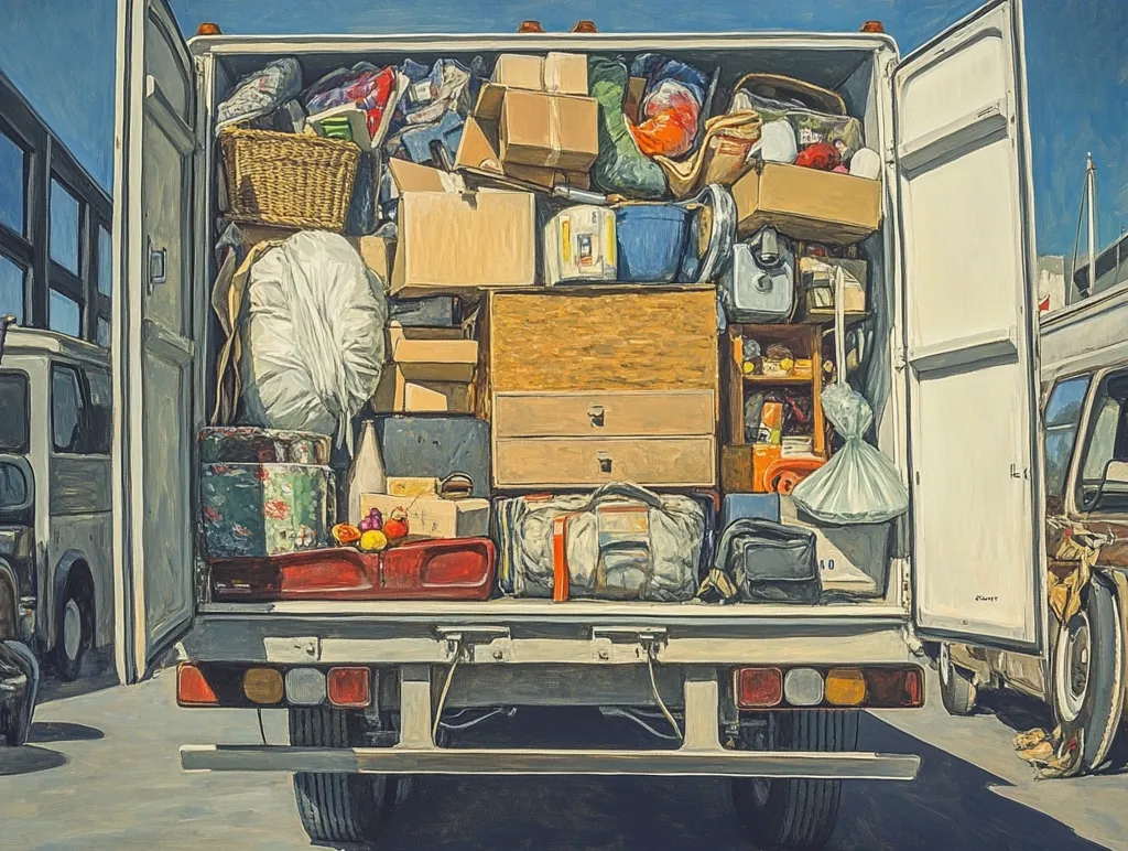 A white truck is packed full of belongings. There are boxes, suitcases, a large white bag, a wicker basket, and other miscellaneous items. The truck's doors are open, revealing the packed interior. The truck is parked on a street, with another vehicle partially visible in the background. The image is a realistic depiction of a moving day.  The scene is bathed in a warm, natural light.
