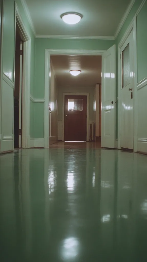 The image shows a long, empty hallway with light green walls and a shiny floor. There are three doors leading off the hallway, one at the far end and two on the left side. The hallway is lit by overhead lights, and the floor reflects the light. The image is taken from a low angle, making the hallway look even longer. The hallway is empty and quiet, creating a sense of solitude and stillness.