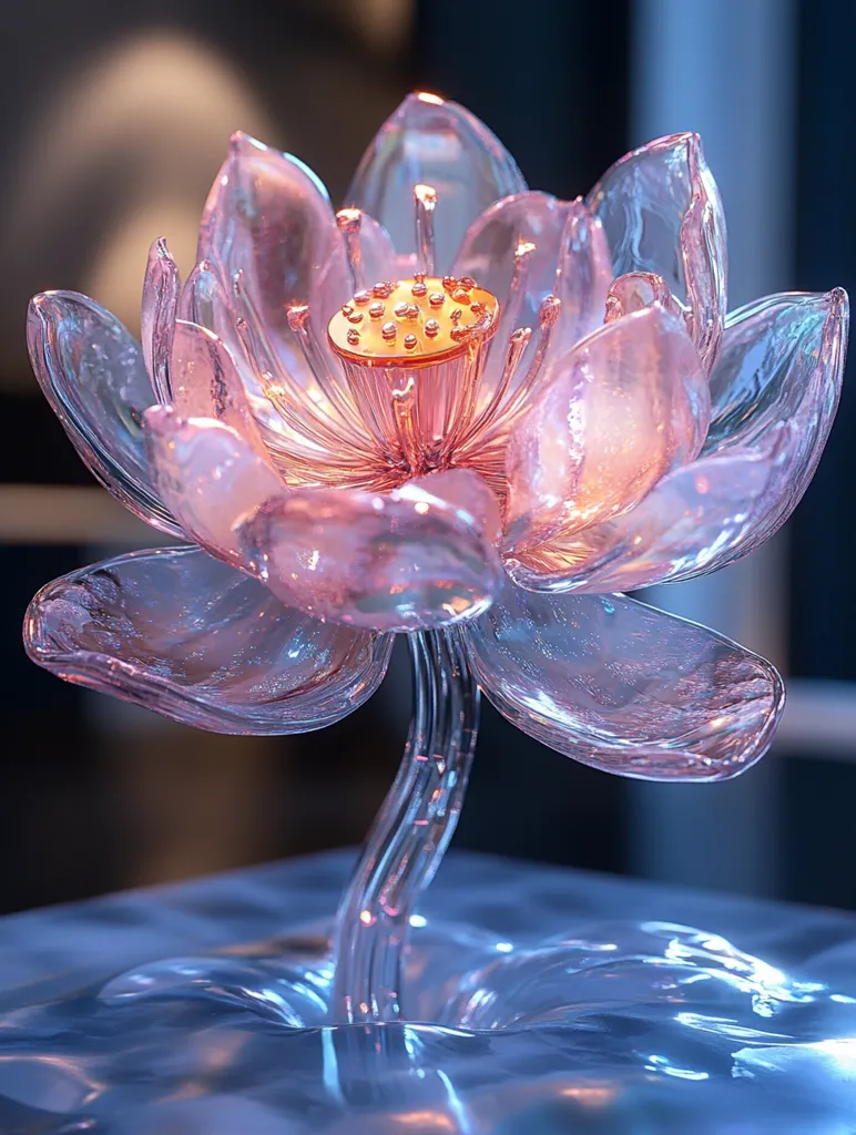 A delicate glass lotus flower with a golden center sits atop a rippling surface. The petals are translucent and catch the light, creating a dreamy and ethereal atmosphere. The flower's stem is slender and elegant, adding to its overall beauty. The image evokes a sense of serenity and tranquility.