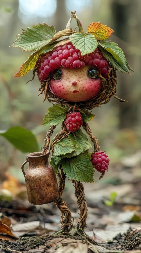 A whimsical doll crafted from raspberries, leaves, and twigs stands in a forest setting. Its head is a large raspberry with a charming face, and its body is formed by intertwined branches. The doll carries a small, rustic copper pitcher, creating a sense of woodland magic.  The image is a playful exploration of nature's beauty and the power of imagination.