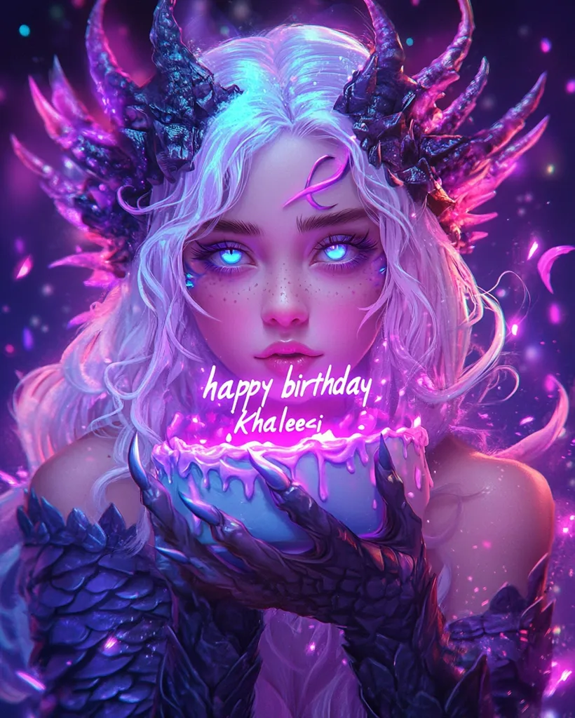 The image depicts a beautiful woman with long, flowing white hair, adorned with a dark, intricate crown. She has striking blue eyes and delicate features. She holds a blue bowl filled with pink frosting, and the words "Happy Birthday Khaleesi" are written in pink letters. The scene is bathed in a vibrant purple glow, adding a magical and ethereal feel.