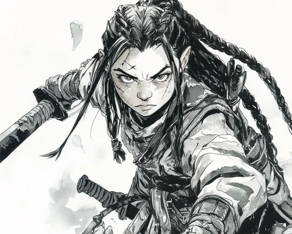 The image is a black and white drawing of a young woman with long braided hair and pointed ears. She is dressed in a loose-fitting robe and holds a sword in each hand. Her expression is fierce and determined, her eyes narrowed. She is positioned close to the viewer, creating a sense of intimacy and immediacy. The drawing is done in a bold, expressive style, capturing the warrior's spirit and the intensity of the moment.