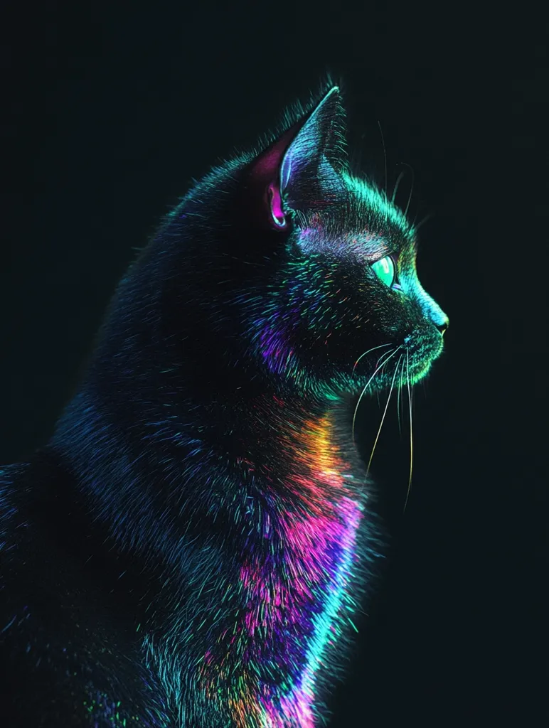 A black cat with iridescent fur sits in profile against a black background. The cat's fur glows with vibrant colors, creating a surreal and ethereal effect. Its green eye is captivating, and its whiskers are delicate and prominent. The image captures the beauty and mystery of felines in a unique and artistic way.