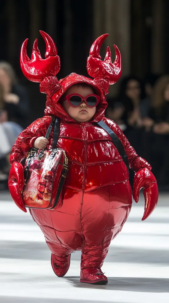 A young child is wearing a red, puffy, lobster-shaped costume, complete with large claws. The child is also wearing sunglasses and carrying a matching red handbag. The child appears to be walking on a white runway, possibly participating in a fashion show. The costume is made of shiny, textured fabric, creating a unique and playful look. The child's expression is serious, highlighting the contrast between the childlike innocence and the bold, quirky costume.