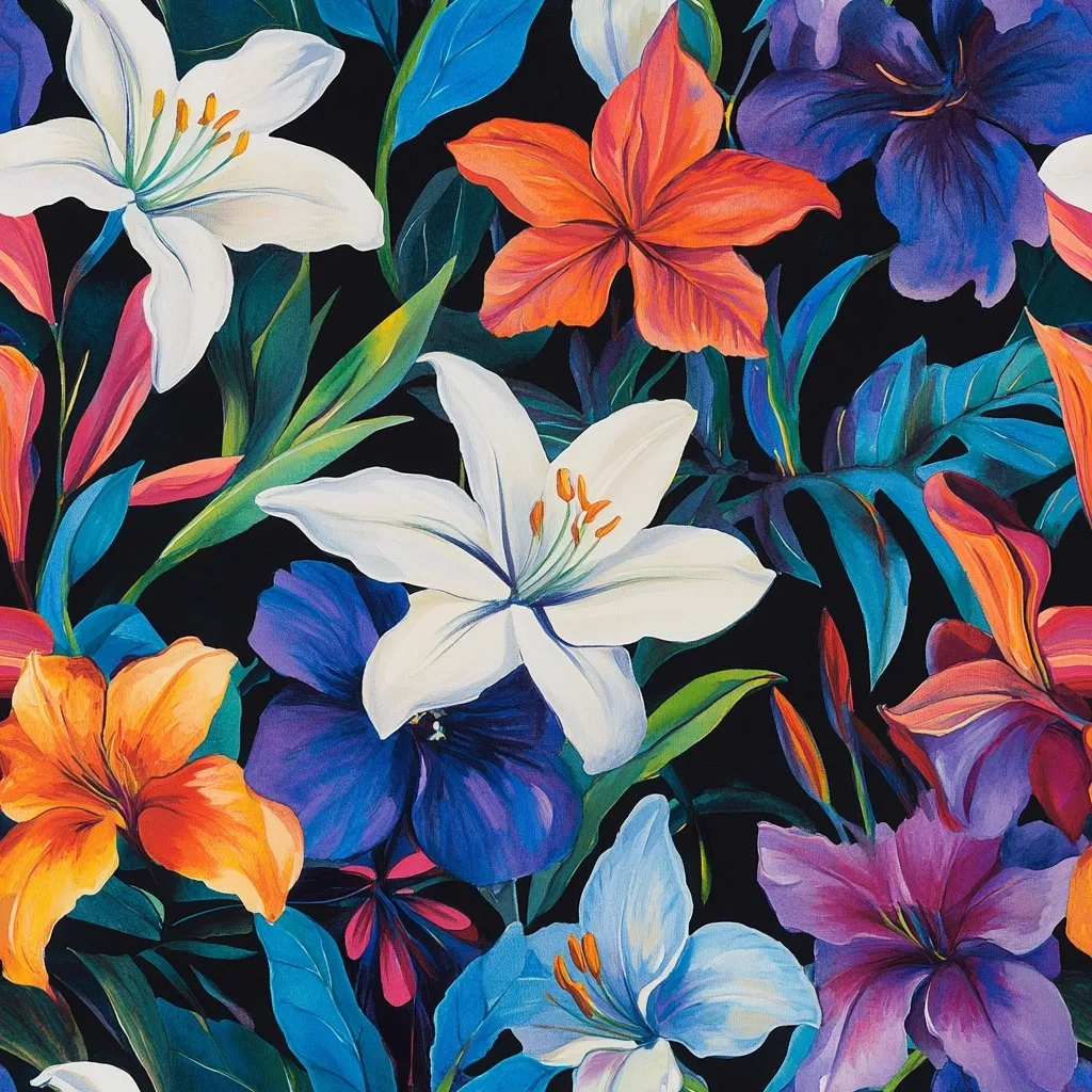 A vibrant and colorful floral pattern featuring various flowers like lilies, hibiscus and orchids in shades of white, orange, red, purple, and blue. The flowers are set against a black background with lush green leaves. The image evokes a tropical and exotic aesthetic.