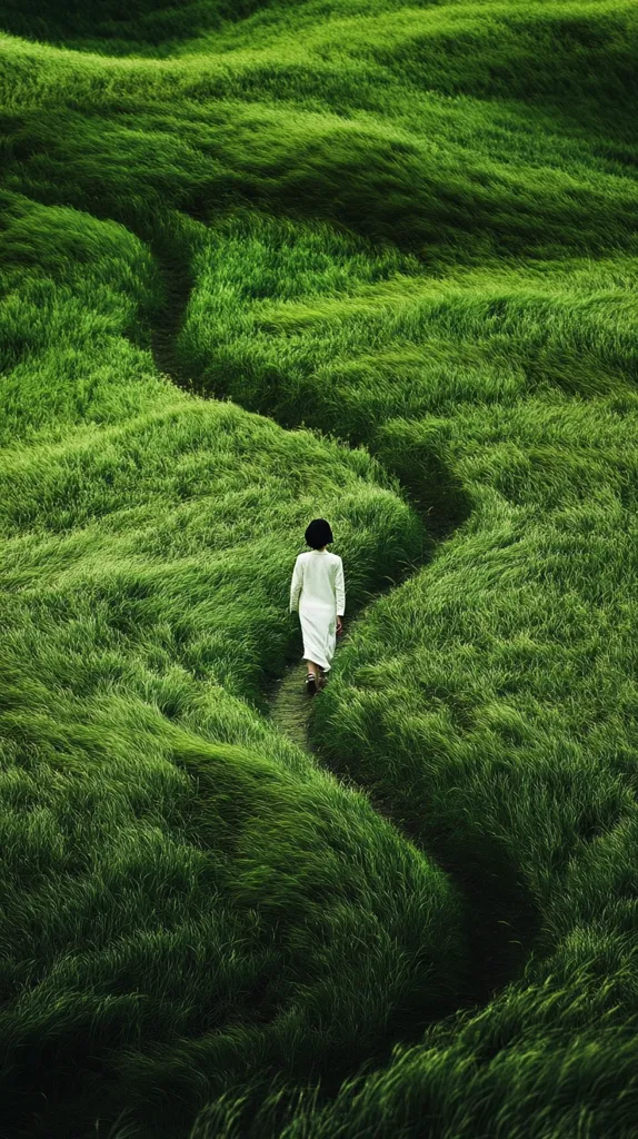 A lone figure in a white dress walks along a winding path through a field of tall, green grass. The grass is so thick that it looks like waves, and the path is barely visible. The scene is tranquil and serene, with the figure a small speck in the vast landscape. The image evokes a sense of solitude and contemplation.