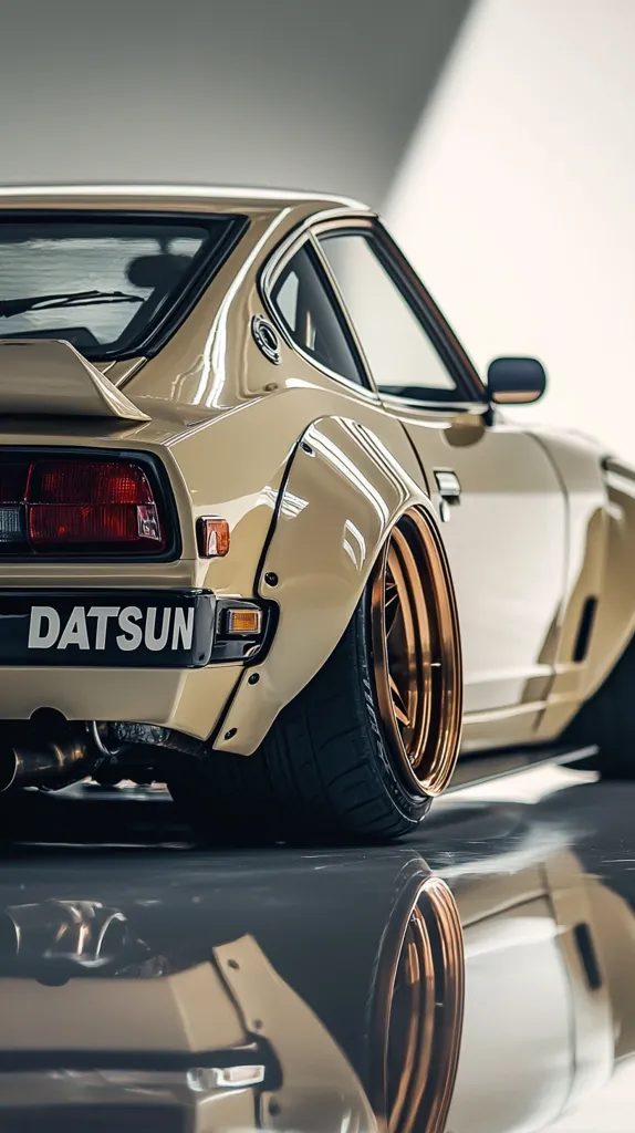 A classic Datsun sports car in beige is parked on a sleek, reflective surface. The rear quarter panel and wheel are in focus, showcasing the car's wide body kit and gold wheels. The Datsun logo is prominent on the rear bumper. The car's sleek lines and sharp angles give it a dynamic look, suggesting power and speed. The light reflects off the car's body, adding a sense of depth and richness to the image.