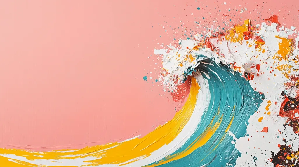 The image depicts a vibrant abstract wave of paint on a soft pink background. The wave is composed of bold strokes of blue, yellow, and white paint, creating a dynamic and energetic composition. The background is speckled with small paint splatters, adding to the overall sense of movement and spontaneity. The contrasting colors and textures create a visually striking and captivating artwork.