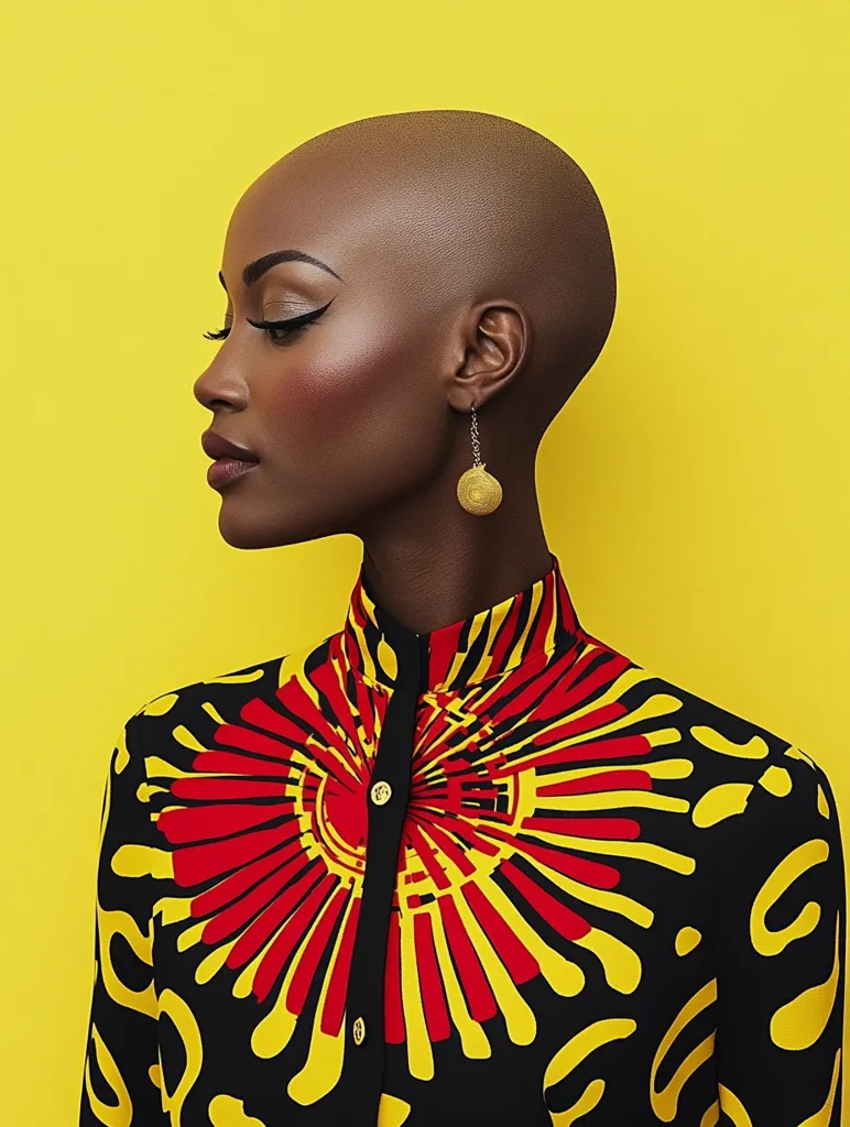 A bald woman with dark skin and bold makeup is wearing a black, red, and yellow patterned shirt. She is looking off to the side with a serious expression. The background is a bright yellow. The woman is wearing a gold earring in the shape of a circle with a spiral pattern. The shirt is buttoned up and has a high collar.  The colors in the image are vibrant and bold. The woman's look is chic and modern.