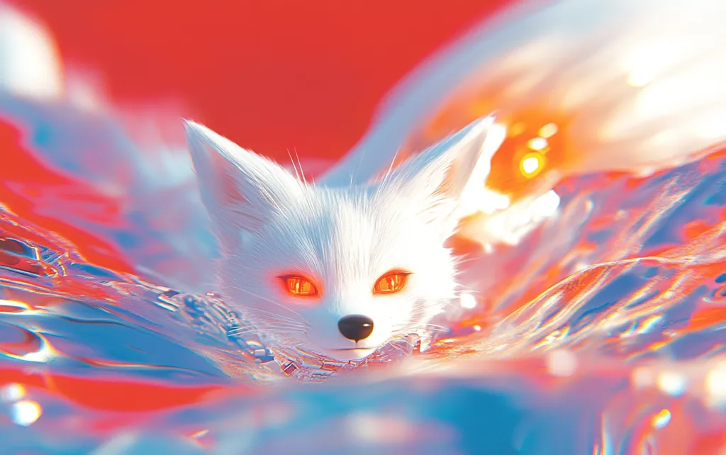 A white fox with piercing orange eyes emerges from a shimmering, iridescent liquid surface. The background is a hazy mix of orange and red, creating a surreal and otherworldly atmosphere. The fox's fur appears almost translucent against the vibrant colors, suggesting a dreamlike quality.  The image is a captivating blend of nature and fantasy.