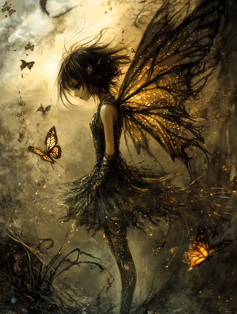 A fairy with long black hair and a dark dress stands in a mystical forest. Her wings are large and intricate, adorned with shimmering gold dust. The background is a blur of browns and greens, with a scattering of fireflies and butterflies. The scene evokes a sense of magic and mystery.