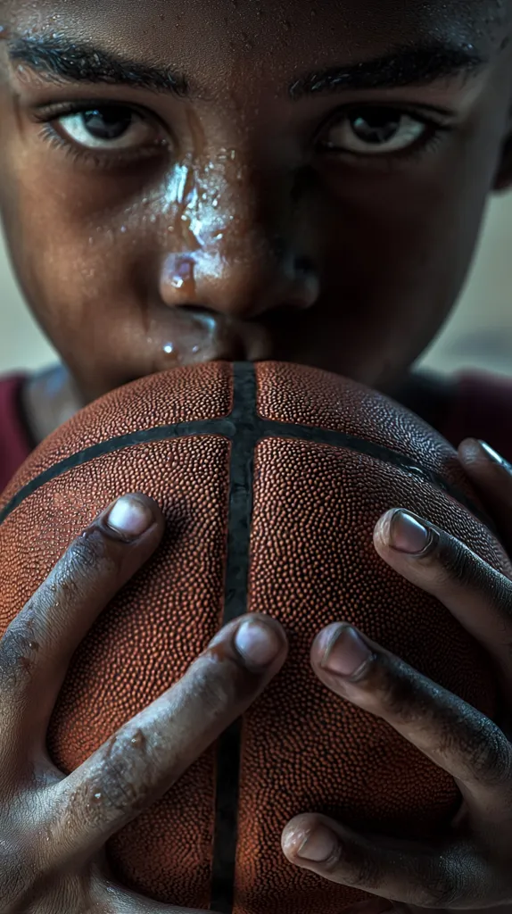 A close-up shot of a young boy's face with sweat dripping down his forehead,  holding a basketball in his hands.  He is looking intently at the camera, showing determination. The image evokes a sense of focus and dedication to the game.  The close-up composition highlights the intensity in his eyes.