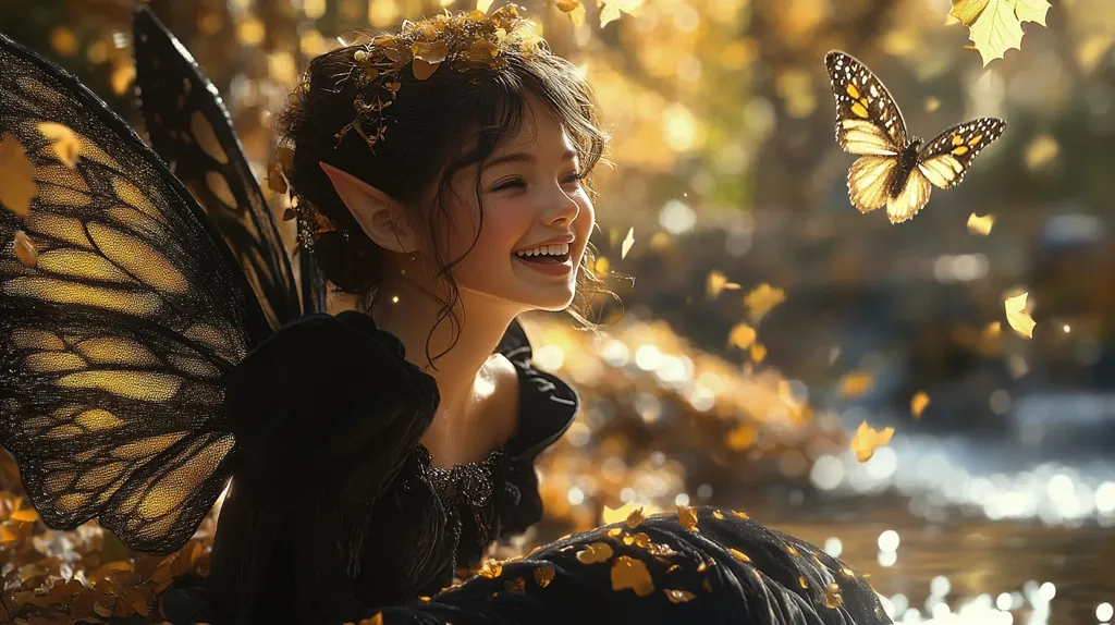 A young girl with pointed ears, dressed in a black dress and wearing fairy wings, smiles joyfully as she sits in a magical forest setting. Golden leaves swirl around her, and a butterfly flies nearby, creating a whimsical and enchanting scene. The warm light and soft focus create a dreamy atmosphere.
