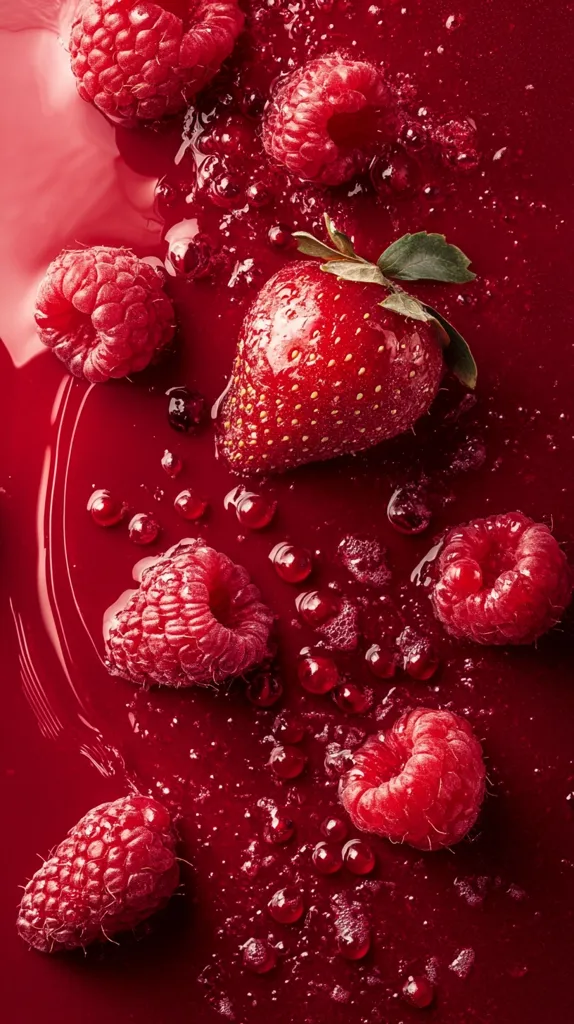A single strawberry and several raspberries are scattered across a red surface. The red liquid, likely strawberry or raspberry juice, is dotted with bubbles.  The vibrant red hues create a visually appealing and tempting display of fresh fruit.