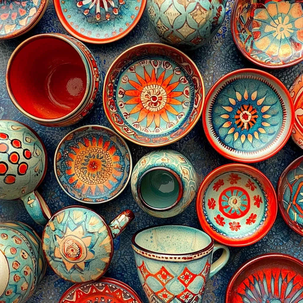 A collection of ceramic bowls and cups decorated with intricate patterns. The bowls are mostly round and have a bright blue and orange color scheme. Some have geometric patterns, others have floral designs. The cups are smaller and have a similar style of decoration. All the pieces are arranged on a textured background, creating a beautiful and colorful display.