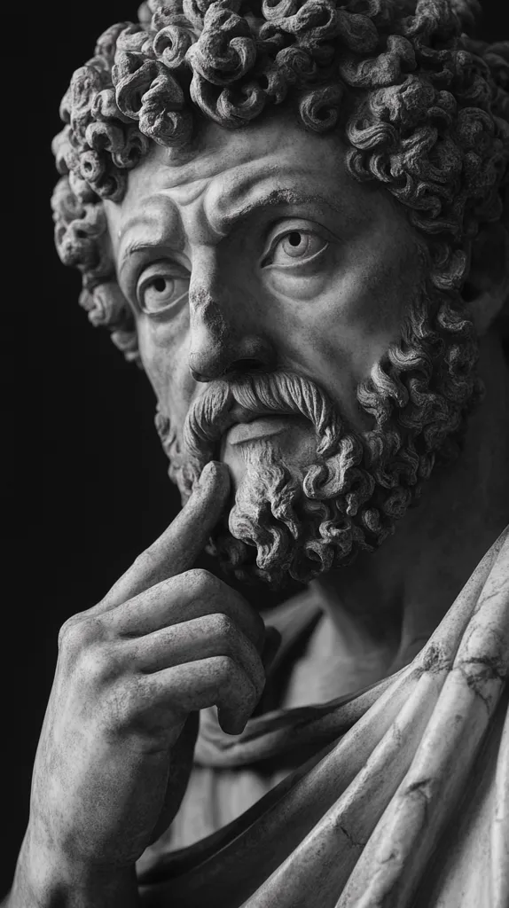 A close-up black and white photograph of a marble bust of a man with curly hair, a beard, and a thoughtful expression. The man's hand is resting on his chin, and he is looking off to the side. The details of the sculpture are impressive, showing the fine lines of the man's face and the texture of his beard. The overall effect is one of quiet contemplation.