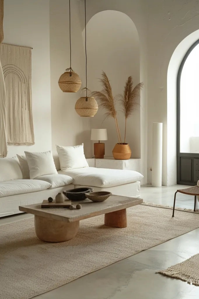 A modern living room with a white sectional sofa, a large woven rug, and a wooden coffee table. Two wicker pendant lights hang above the couch, while a lamp sits on a side table next to a potted plant. The room is filled with natural light from a large arched window. The overall aesthetic is minimalist and contemporary.
