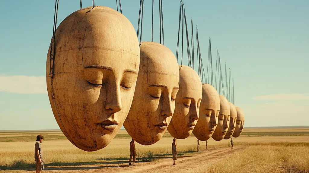 A vast, golden field stretches out under a clear blue sky. A line of giant, sculpted heads, each with closed eyes, hang suspended by wires. The heads are arranged in a row, their faces all turned to the right, creating a sense of uniformity and mystery. A lone figure stands in the foreground, dwarfed by the scale of the sculptures, adding a feeling of scale and perspective. The scene evokes a sense of wonder and contemplation, as the viewer is left to wonder about the meaning behind these enigmatic figures.