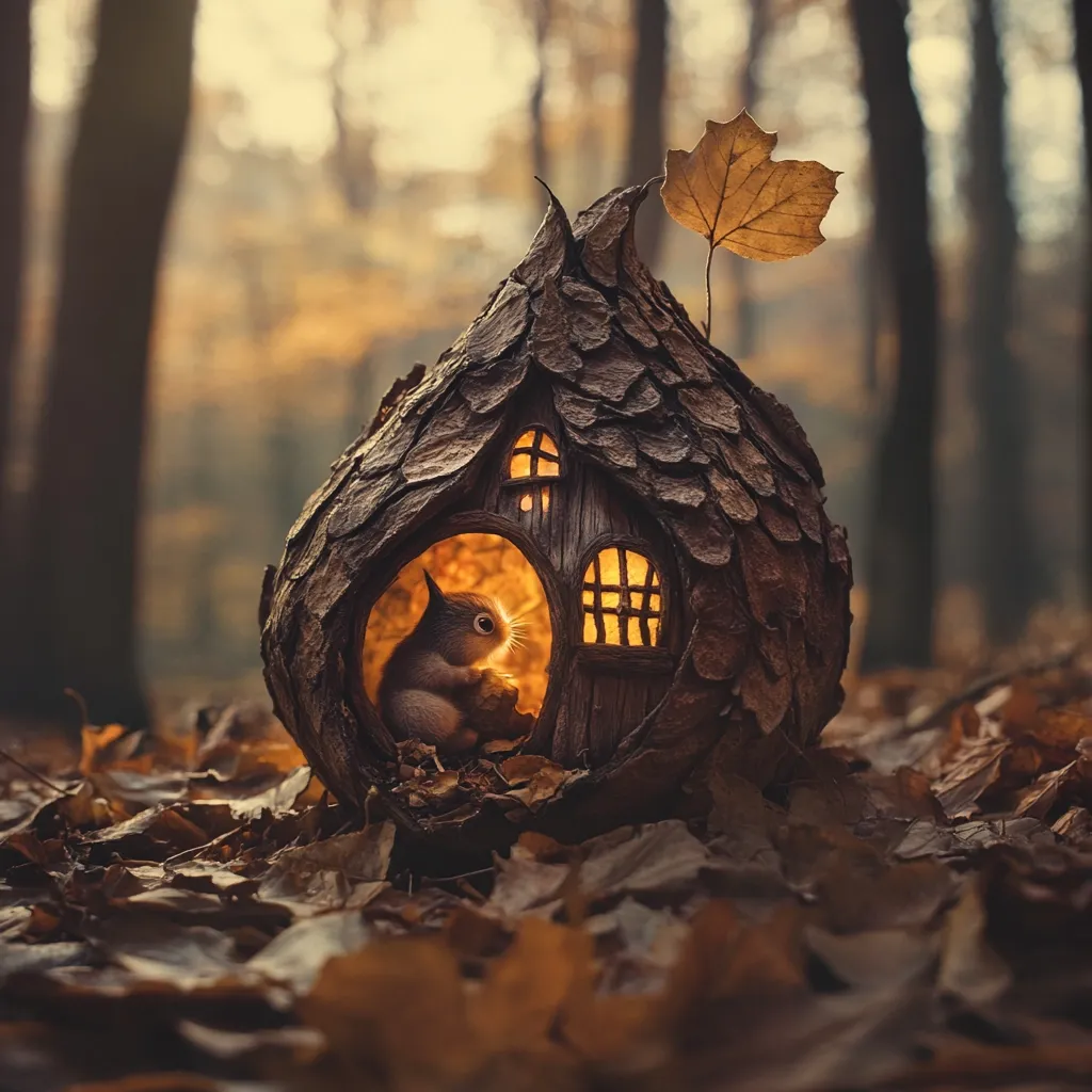 A small, intricately crafted house made of bark and twigs sits nestled among autumn leaves in a forest. A tiny squirrel sits inside, illuminated by the warm glow of a lamp. The image creates a whimsical scene of a cozy home in the woods.  The house has a small window and a  door, and the squirrel appears to be holding a nut. The house is surrounded by fallen leaves, adding to the magical atmosphere.