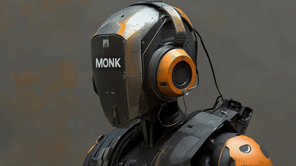 The image shows a futuristic robot, close-up on its head. It wears a dark gray helmet with orange accents, a large black visor, and the word "MONK" printed on the front.  The helmet features large headphones with orange earcups. The robot's body is covered in a similar dark gray and orange color scheme. The background is a blurry gray, with a hint of orange in the bottom corner.  The robot appears to be wearing a weathered, used, or damaged suit.  It evokes a sense of mystery and futuristic adventure.