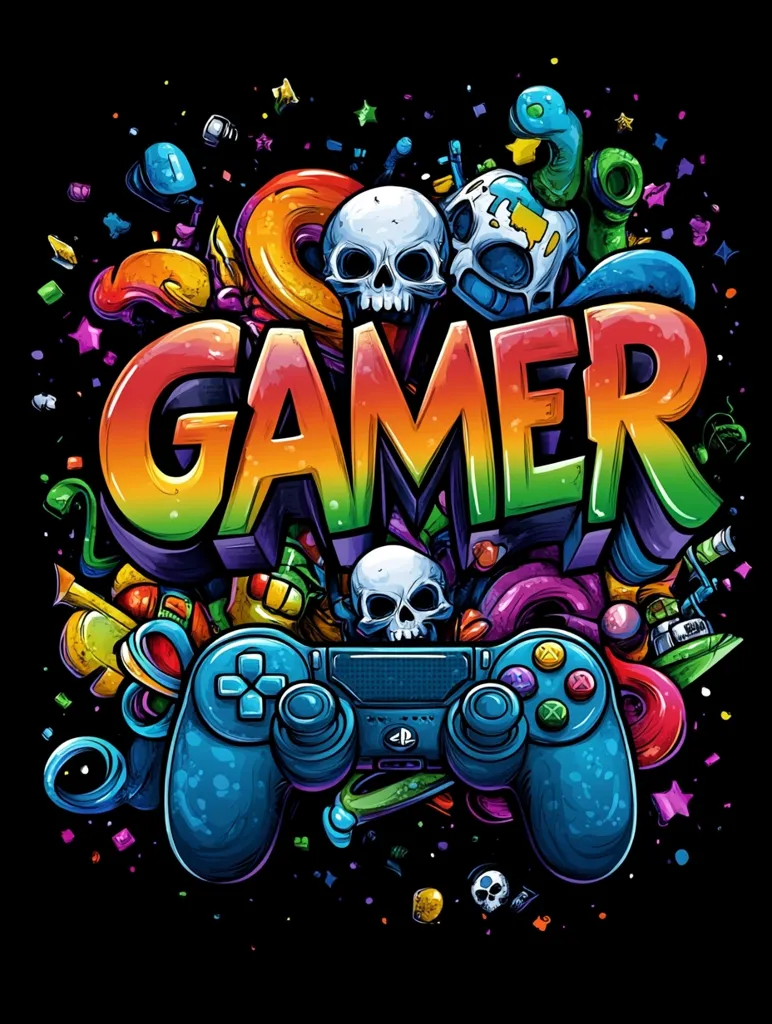 The image is a colorful, cartoonish illustration of the word "GAMER" surrounded by various gaming-related imagery, including skulls, a joystick, and a variety of abstract shapes and patterns. The overall style is vibrant and energetic, with a strong emphasis on neon colors and a playful, whimsical aesthetic. The image captures the excitement and fun associated with gaming culture.