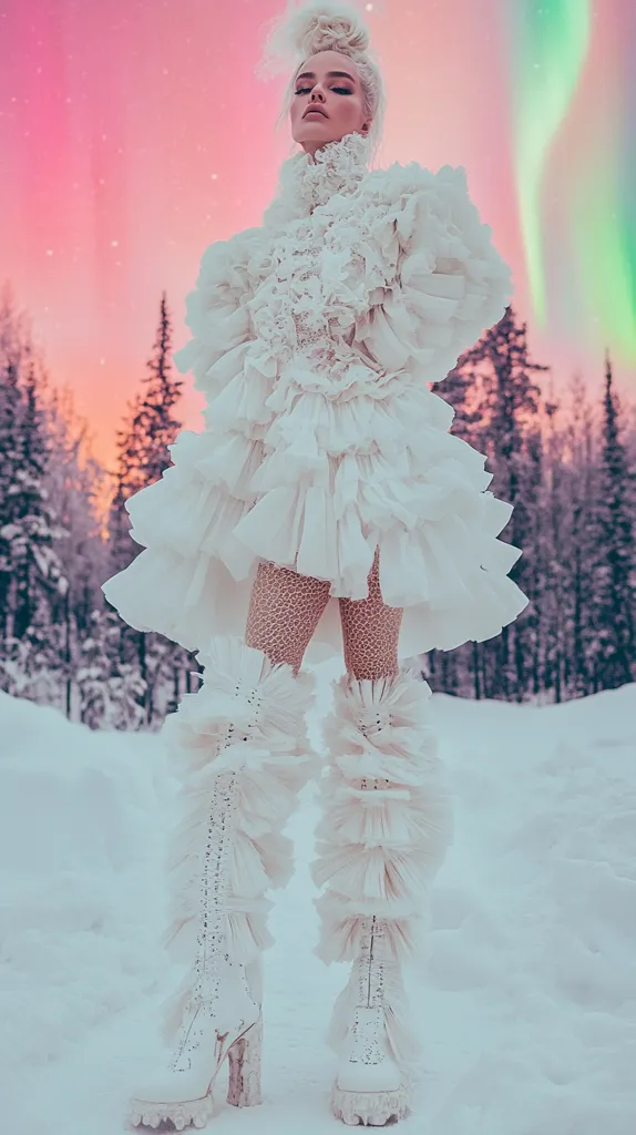A woman stands in a snowy landscape wearing a white, ruffled dress and matching high-heeled boots. The background features a pink and green aurora borealis and a silhouetted forest. Her blonde hair is pulled back, and she looks directly at the camera with a serious expression. The image has a dreamy, ethereal feel.