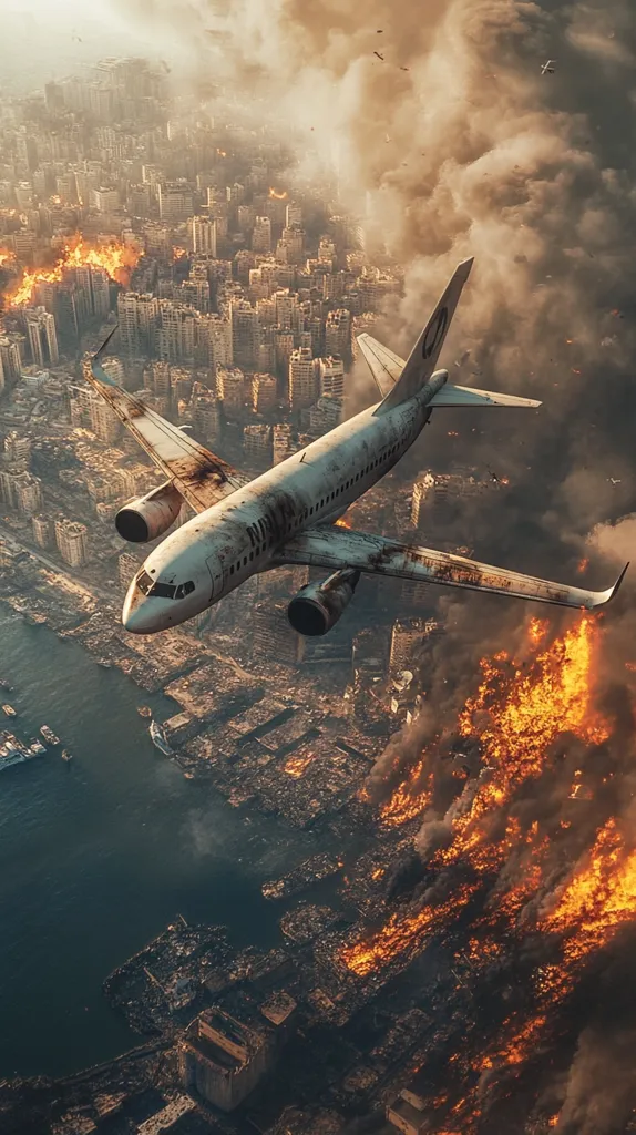 A large passenger airplane flies over a city engulfed in flames. The city is densely populated and appears to be in ruins. The airplane is flying low, and the smoke from the fire is billowing into the air. The scene is apocalyptic and evokes a sense of devastation and destruction.