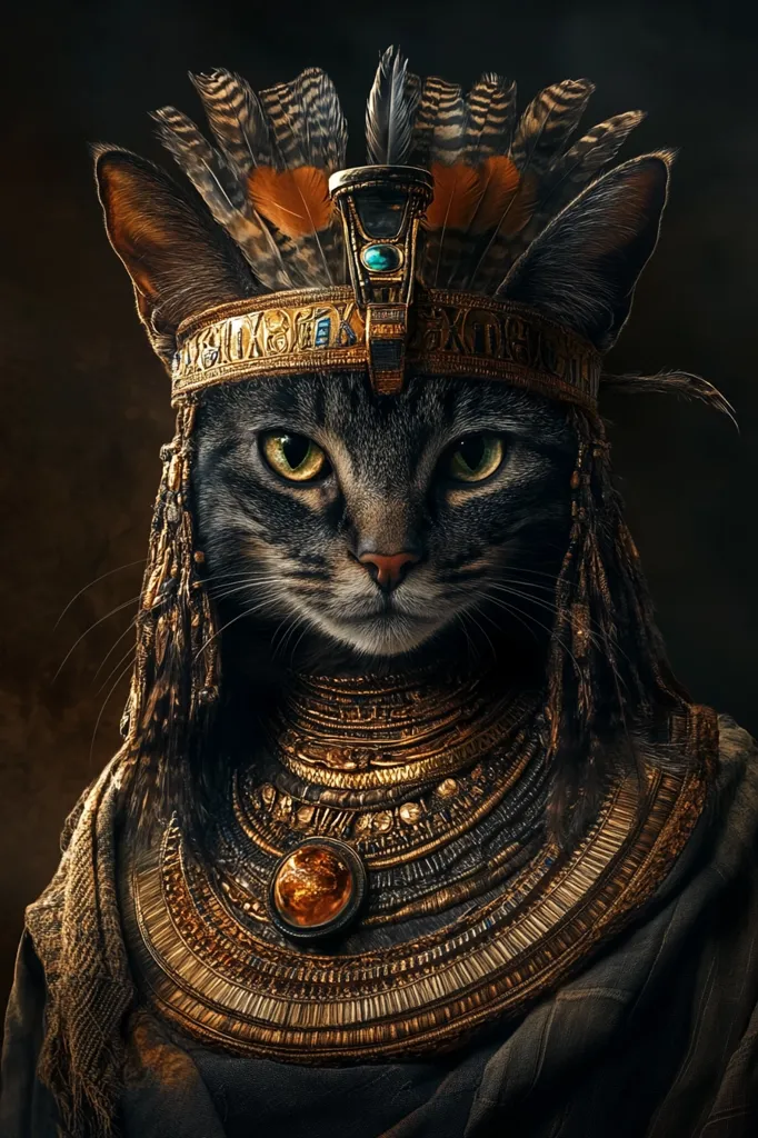 A black cat, dressed in an elaborate golden headdress and necklace, stares intensely at the viewer. The headdress is adorned with feathers, while the necklace is layered with intricate gold jewelry. The cat's piercing green eyes and regal bearing evoke a sense of ancient Egyptian royalty. The dark background and dramatic lighting enhance the image's mysterious and powerful atmosphere.