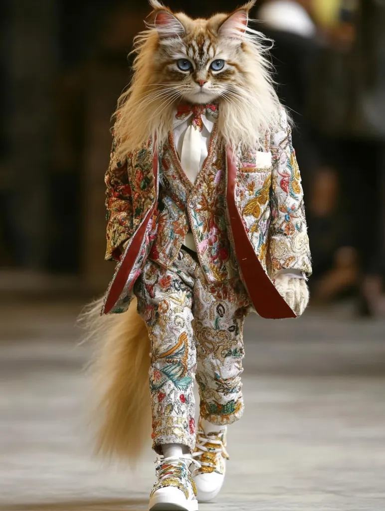 A fluffy cat is dressed in a fancy suit with a floral pattern. The cat has a white tie and a bowtie around its neck. It is walking on a runway, showcasing its stylish ensemble. The cat's long tail trails behind it, adding to its majestic presence.