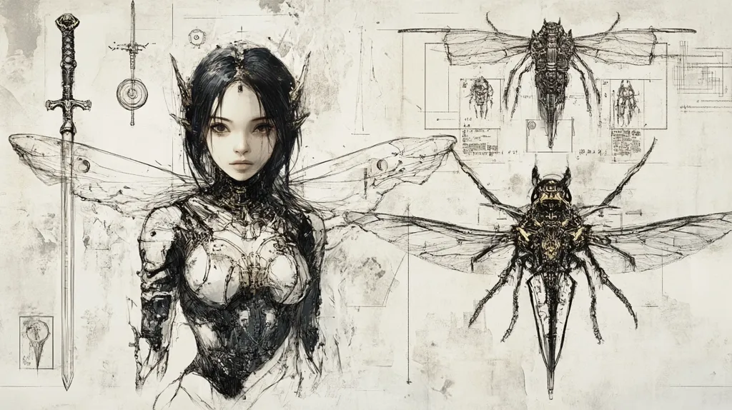 The image depicts a female figure with large, skeletal insect wings. She is adorned with intricate, mechanical details and a sword. Two insect diagrams, one above and one below her, show similar mechanical designs. The background is a faded, textured page, creating an ethereal and industrial aesthetic. The overall impression is one of otherworldly beauty and technological innovation.