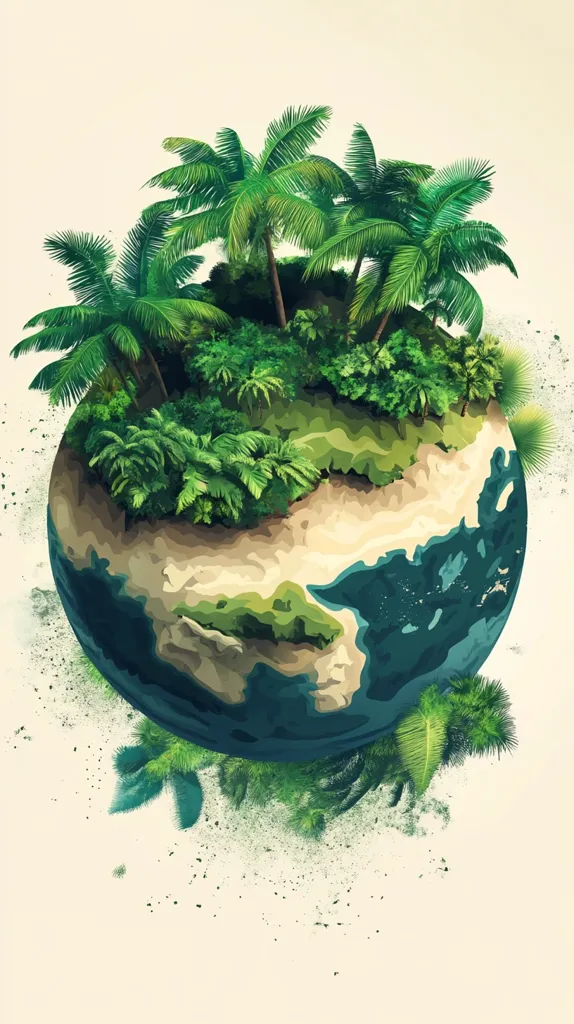 A globe representing Earth is covered in lush, green vegetation. Palm trees stand tall, their fronds reaching towards the sky. Other foliage like ferns and bushes surround the base of the globe, creating a sense of abundance and life. The globe is partially submerged in a beige background, giving the impression of a world being enveloped by nature. Scattered around the base are small specks of dust, adding a touch of whimsy to the scene.