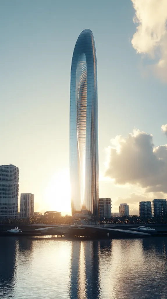 A futuristic skyscraper, with a unique oval shape and reflective glass facade, stands tall against a clear blue sky and a few puffy clouds. The sun casts a warm glow on the building and the water below, creating a serene and modern cityscape. The reflection of the skyscraper in the water adds to the sense of depth and grandeur. Other skyscrapers and buildings line the waterfront, contributing to the urban landscape. The overall image evokes a sense of progress, ambition, and architectural innovation.