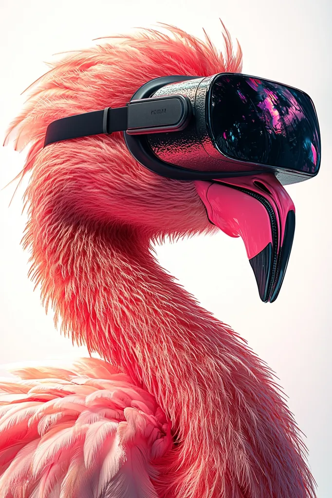 A pink flamingo is wearing a black VR headset with a reflective visor, revealing a colorful, pixelated world within. Its pink feathers are soft and fluffy, creating a contrast to the sleek technology. The flamingo's head is tilted, suggesting curiosity and engagement in the virtual environment.  The image is playful and surreal, combining the natural beauty of a flamingo with the futuristic world of virtual reality.