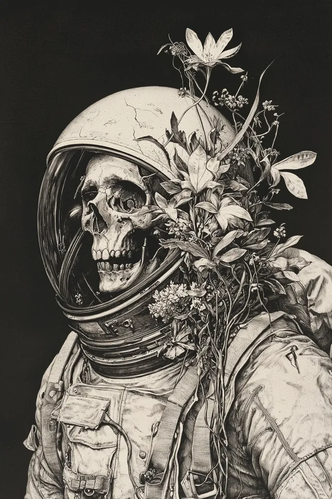 The image is a detailed black and white drawing of a skull wearing an astronaut helmet. The skull is depicted as an astronaut, and the helmet has a visor that is down, obscuring the skull's eyes. The skull is wearing a spacesuit, and a bouquet of flowers is growing out of the top of the helmet. The drawing is highly realistic and the detail is exquisite. The image evokes a sense of both beauty and mortality.  It is a powerful and thought-provoking piece of art.