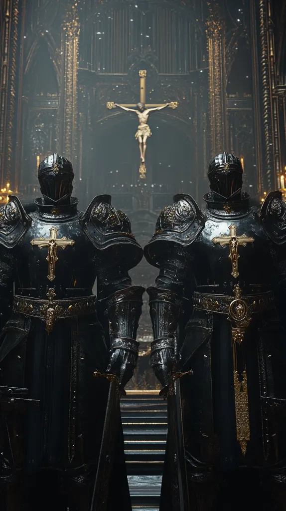 Two knights clad in black armor stand in a grand, ornate church. Their helmets are lowered, hiding their faces. They hold swords in their hands and wear a gold cross on their chests. A crucifix hangs above them, and the scene is filled with an atmosphere of mystery and power. The knights stand guard, seemingly protecting something or someone unseen.  The image is a striking example of Gothic architecture and imagery.